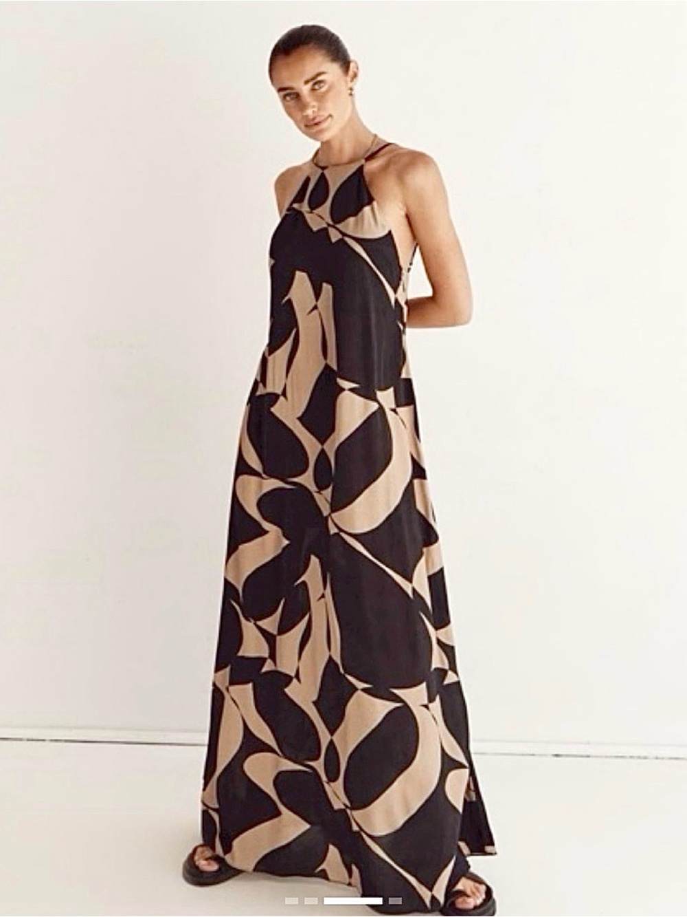 Dissh Maxi Halter Sun Dress Abstract Print Black Tan Size Medium